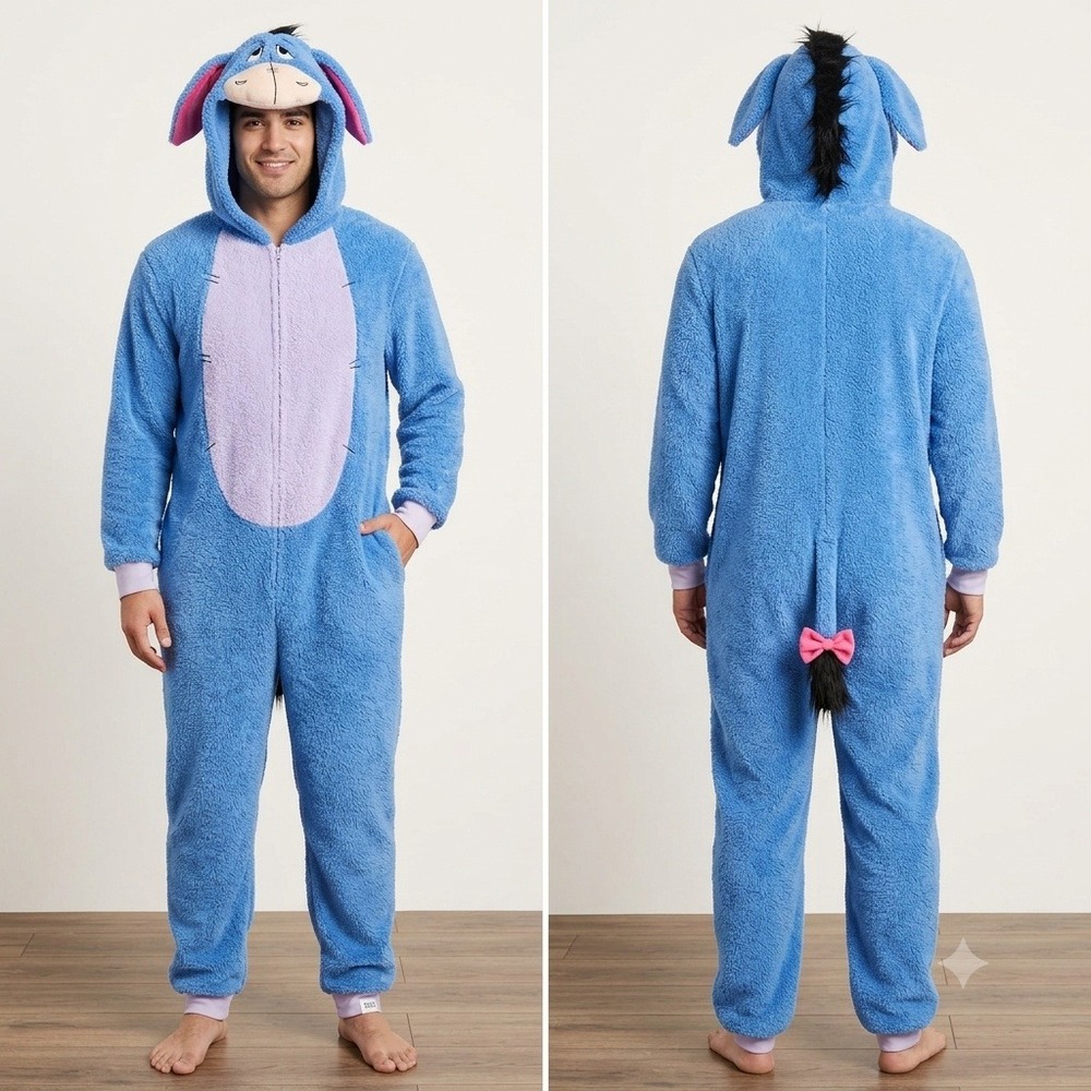 Disney Eeyore Onesie Pajamas Men Size XL Blue Winnie the Pooh Halloween Costume